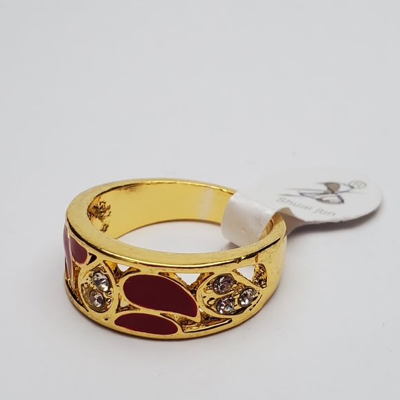 Gold plated red, green, black enamel cocktail ring - Picture 8 of 9